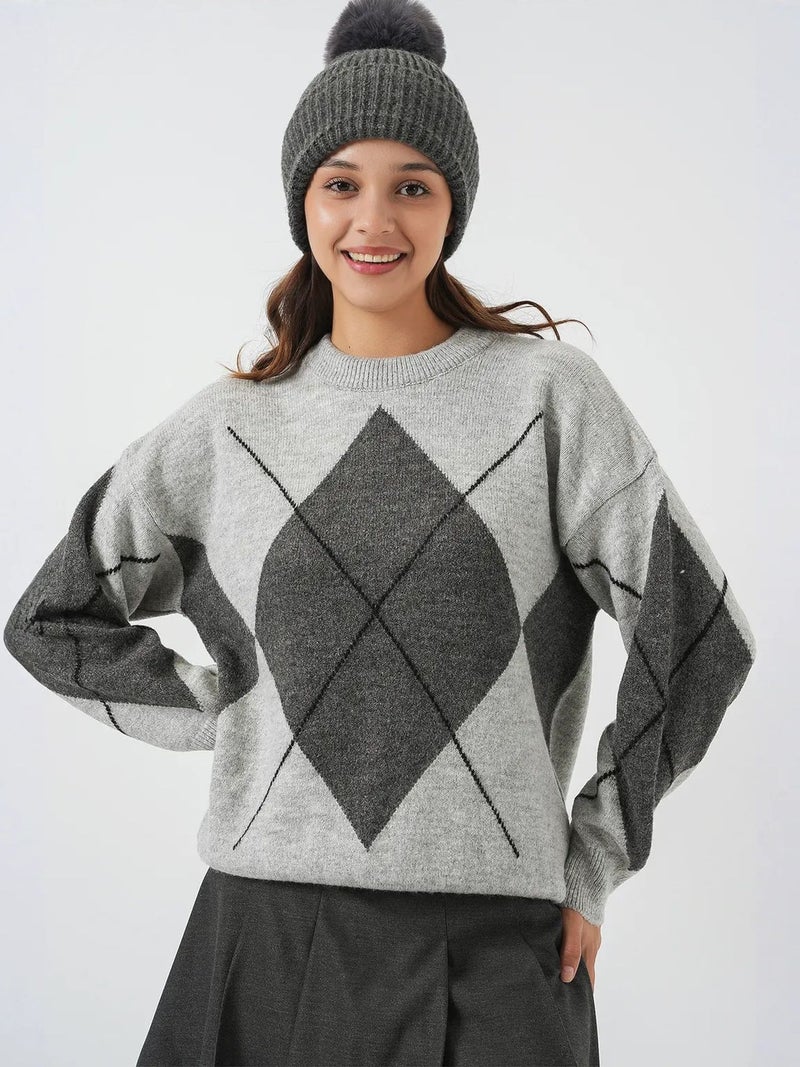 BIG DART BDART Oversized Argyle Crew Neck Jumper - Image 4